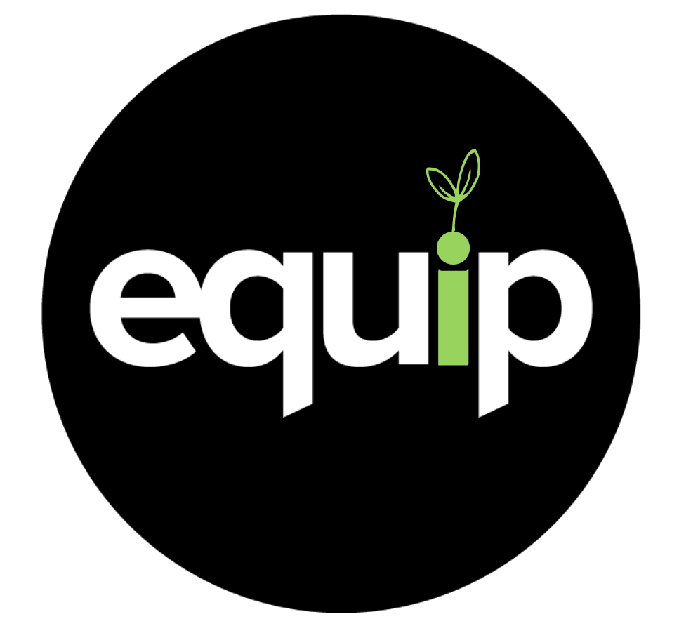 Equip Logo: A dark circle with the word equip in the center. The i in equip is green and has a small drawing of a plant growing off of it.