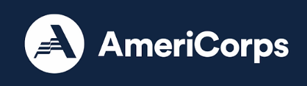 AmeriCorps logo with white text and navy background. To the left of the text is a white circle with an illustration of an A that is partially made from a flag like illustration.