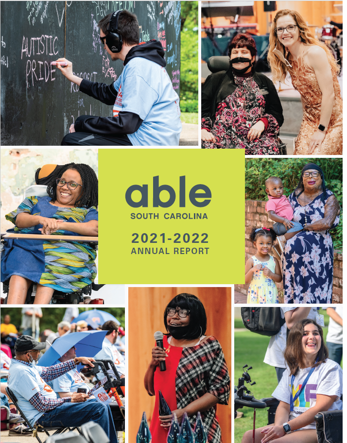 Cover page for the able south carolina annual report for 2021-2022 that features various consumers and staff living and working in the community.