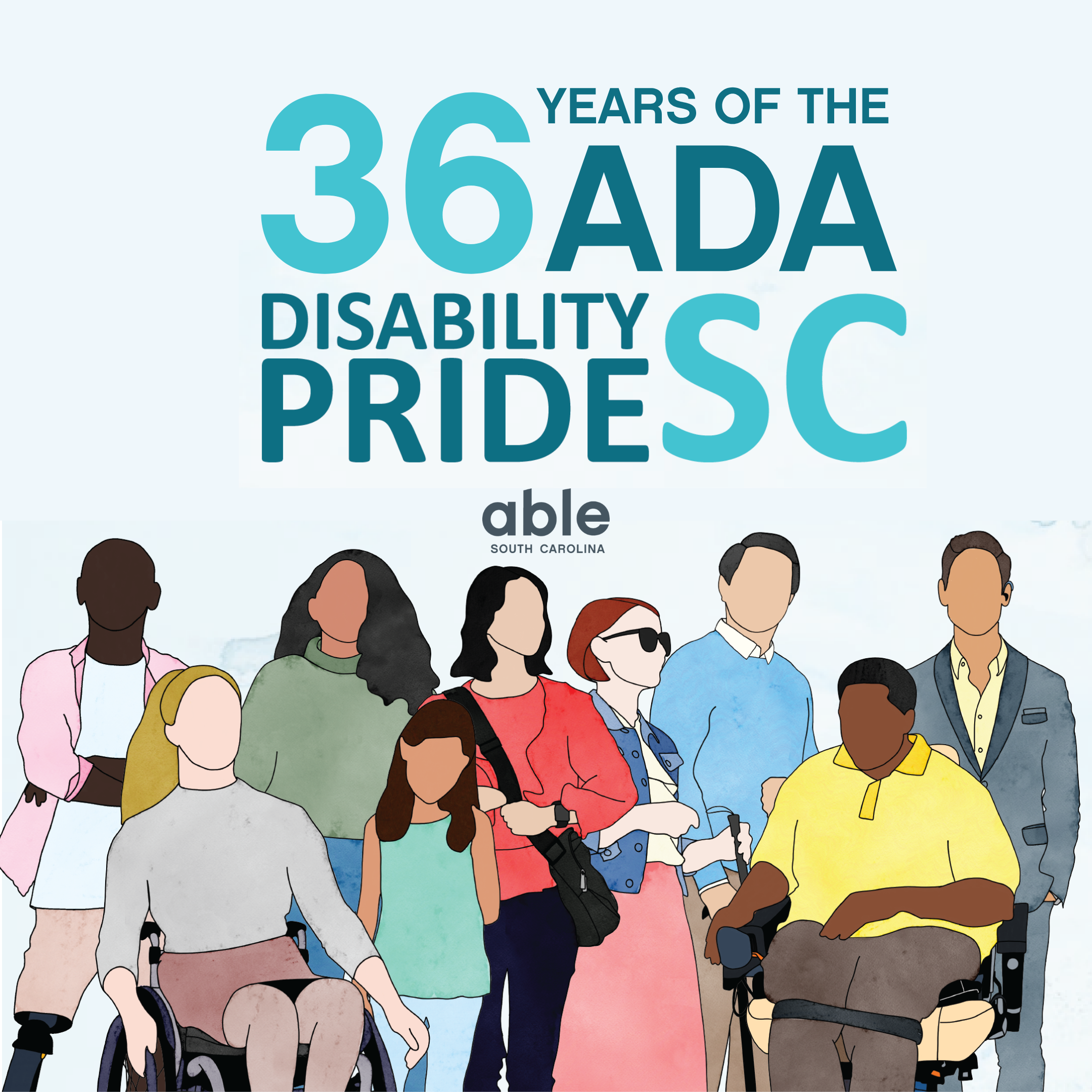 36 years of the ADA, disability pride sc, featuring illustrations of a variety of people with disabilities representing different races, ages, and genders.