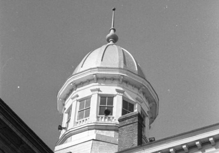 Black and white image of the original cupola on the Babcock building of the Bull Street Campus.